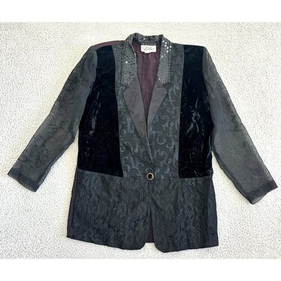 Vintage 90s Black Sequin Tuxedo Blazer Jacquard Lace Velvet Sheer Multi media - Picture 1 of 16